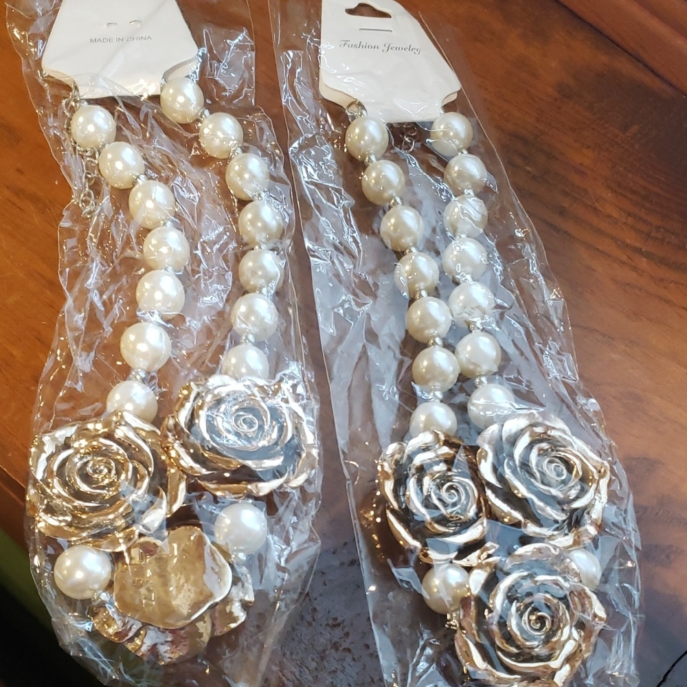 2 New Kids Faux Pearl And Gold Rose Necklaces